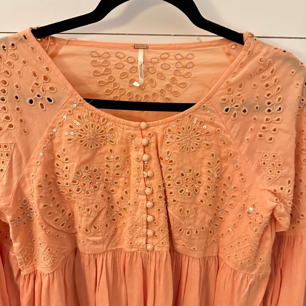 FREE PEOPLE XS Peach paisley cutout viscose cotton woman babydoll blouse boho - Picture 3 of 14